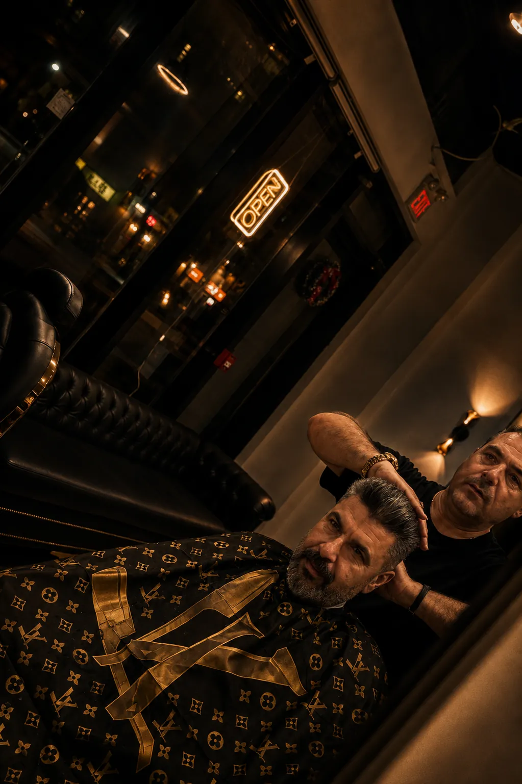 Barber finishing a cut under the neon open sign at Yad Barbershop
