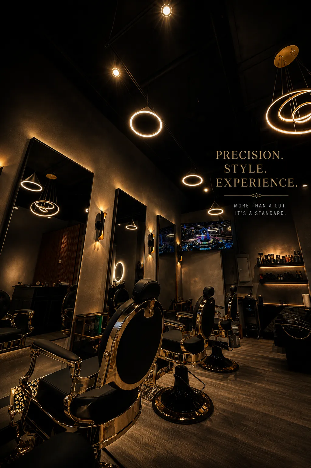 Gold and black barber chairs under ring lighting in the shop