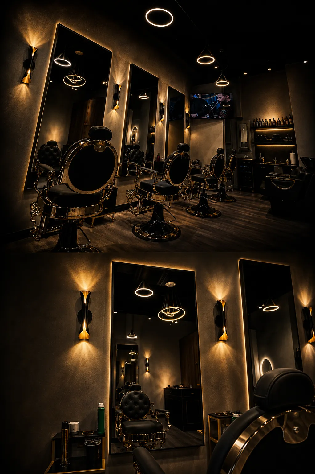Mirrors, sconces and barber stations inside Yad Barbershop