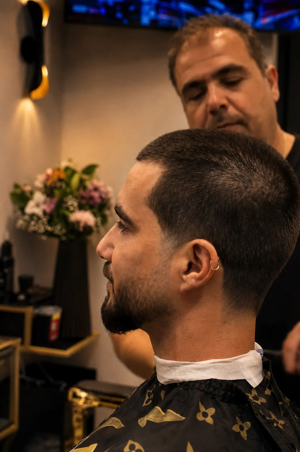 Sharp mid fade with beard line-up at Yad Barbershop in North York