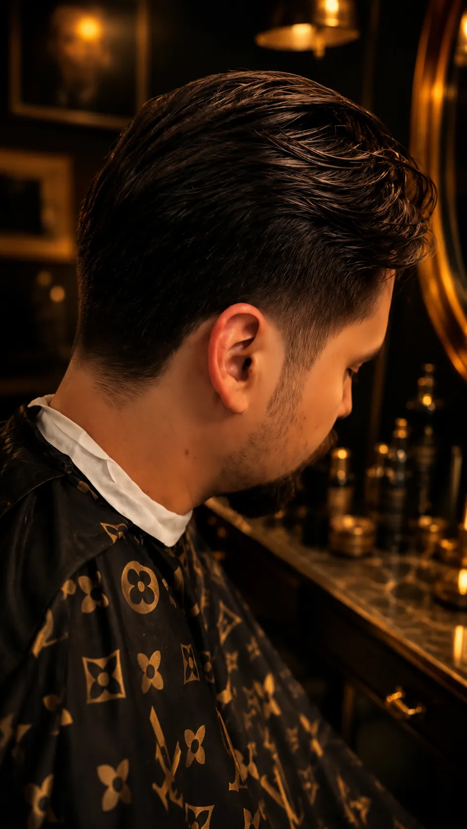 Textured taper fade and slick back styled at Yad Barbershop